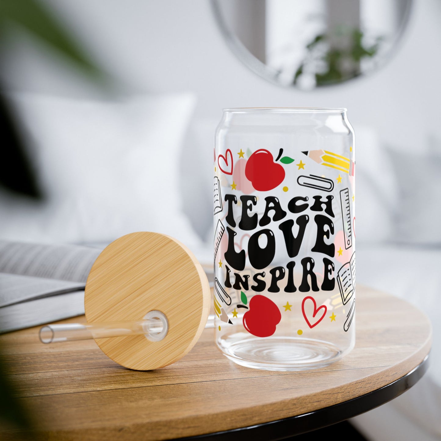 Teacher Glass Cup, Iced Coffee Glass Cup, Glass Sippy Cup with Straw, Glass Cup with Straw and Lid, Teacher Drinkware, Teach Love Inspire Glass Cup