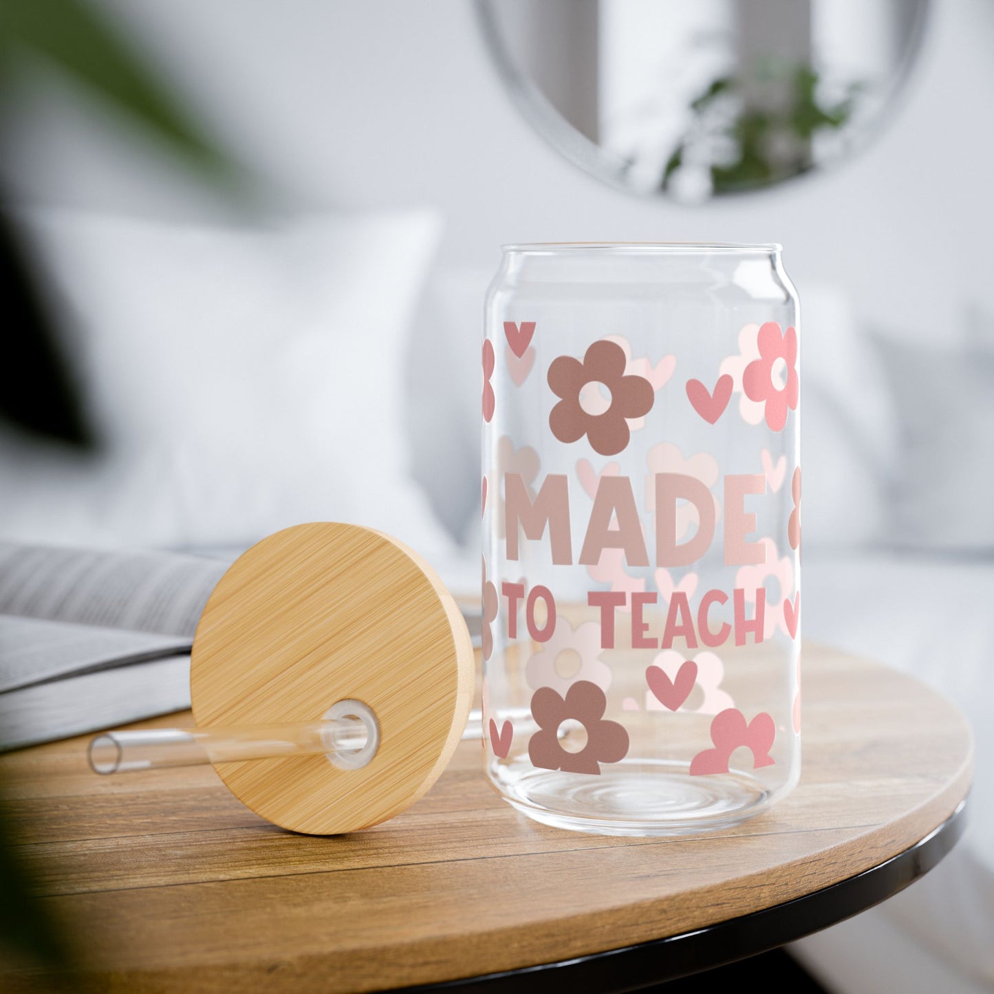 Teacher Glass Cup, Iced Coffee Glass Cup, Glass Sippy Cup with Straw, Glass Cup with Straw and Lid, Teacher Drinkware, Made to Teach Pink Neutral Glass Cup