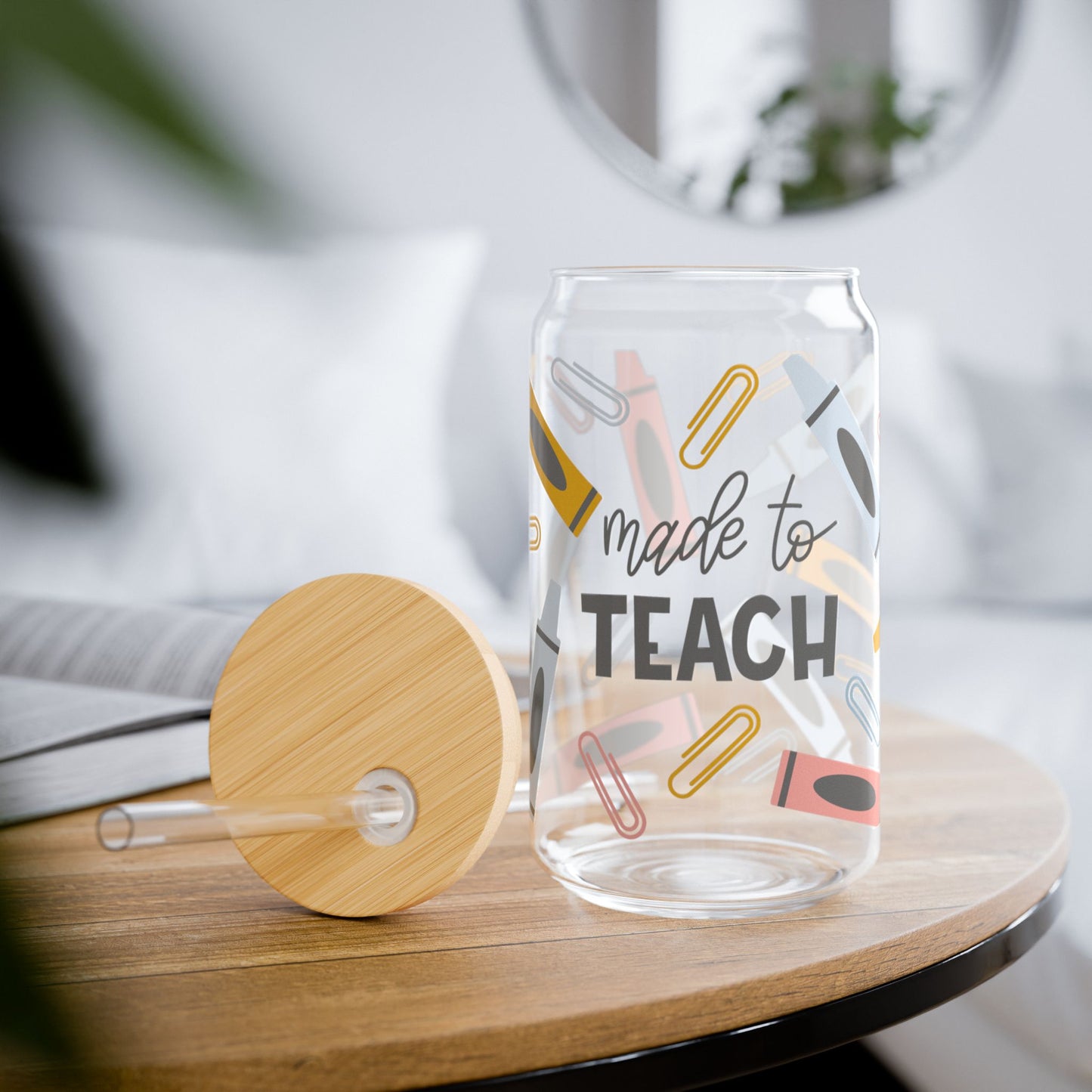 Teacher Glass Cup, Iced Coffee Glass Cup, Glass Sippy Cup with Straw, Glass Cup with Straw and Lid, Teacher Drinkware, Crayons/Made to Teach Glass Cup